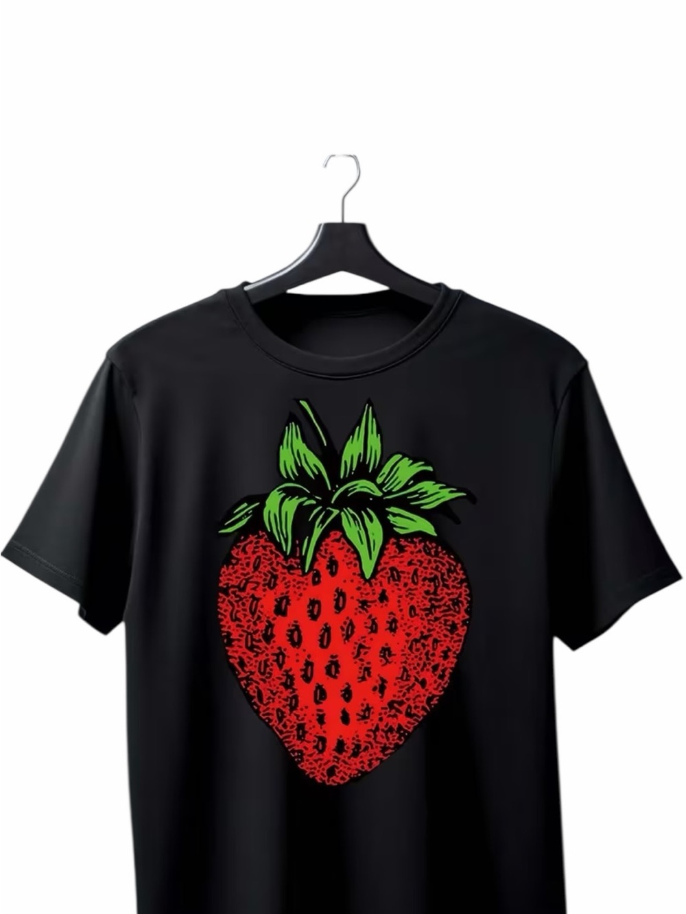 Black Tee with Bold Red Strawberry Graphic